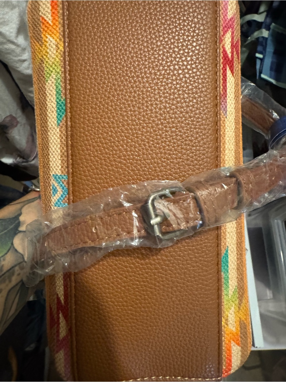 Wrangler Tan Crossbody with Turquoise & Pink Aztec Accent - Picture 10 of 13